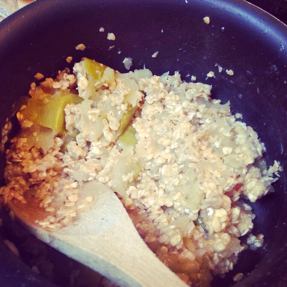 Feeding Issy Stewed Apples and Oats