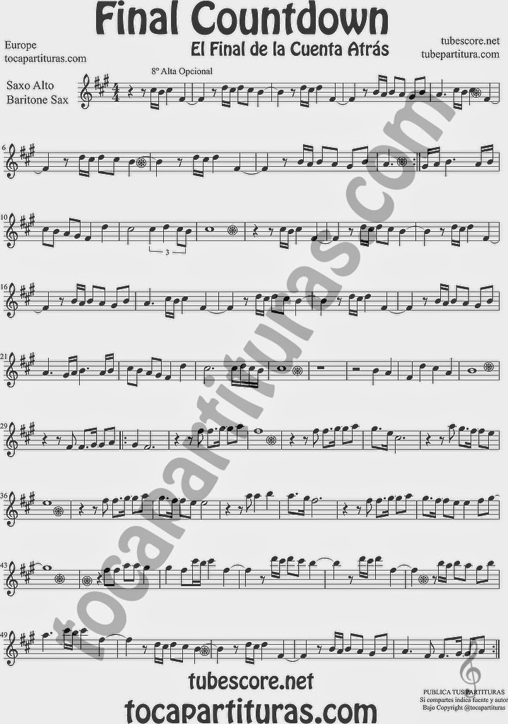  The Final Countdown Partitura de Trompa y Corno Francés en Mi bemol Europe Sheet Music for French Horn Music Scores (dejamos la de saxo alto en mi bemol)