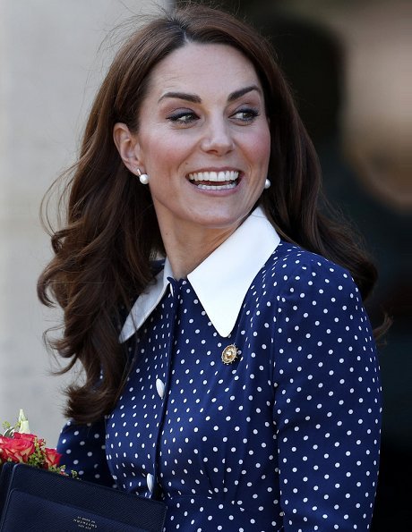 Kate Middleton Alessandra Rich pleated polka dot silk midi dress, Annoushka pearl and Kiki diamond hoop earrings