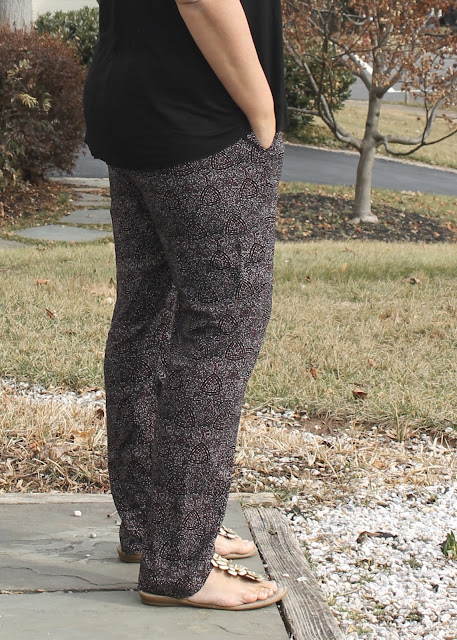 A pair of rayon challis made using the Calyer Pants sewing pattern from French Navy Now