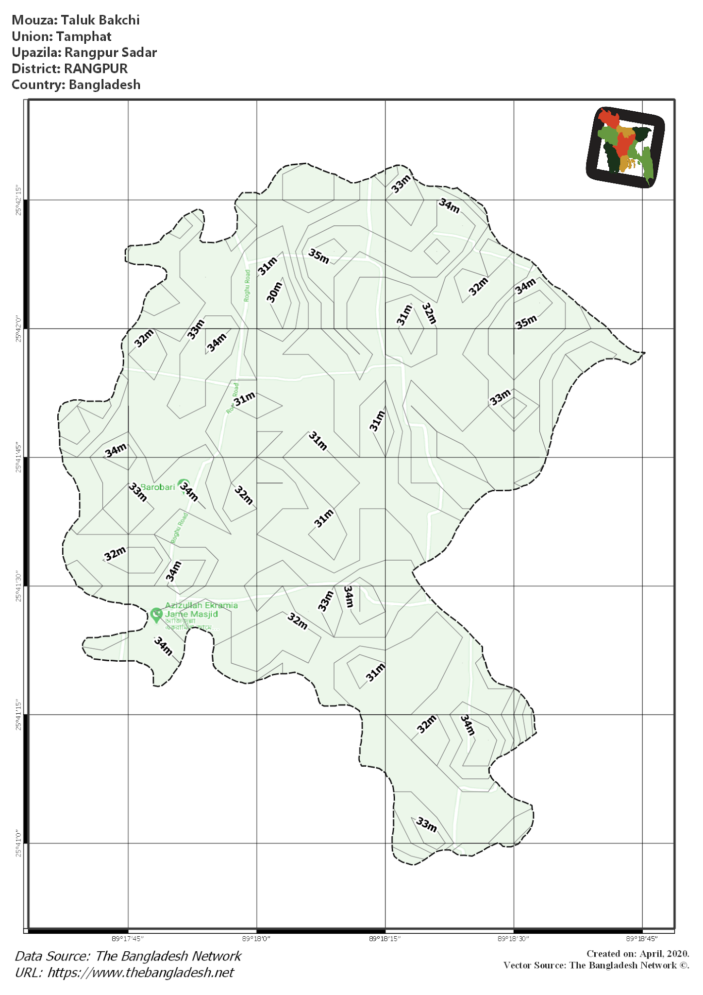 Map of Taluk Bakchi Mouza of Rangpur Sadar Upazila, RANGPUR, Bangladesh.