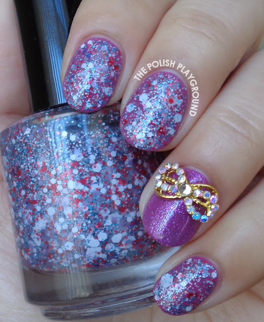 Purple and Glitter with Gold Bow Stud Nail Art