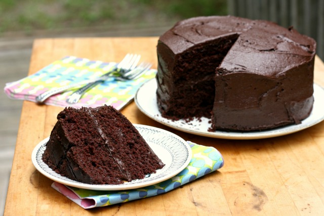 Chocolate Layer Cake Recipe: It is quick to mix up, is moist and the frosting is especially frothy and delicious. This cake has no eggs, and oil can be used in place of the butter if you’d like to bake a vegan version. 