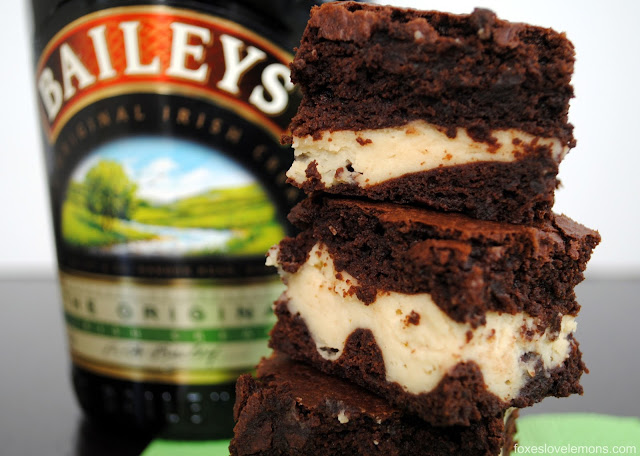 Bailey's Irish Cream Brownies - Deeply chocolate brownies with a Bailey's-spiked cheesecake center. | foxeslovelemons.com