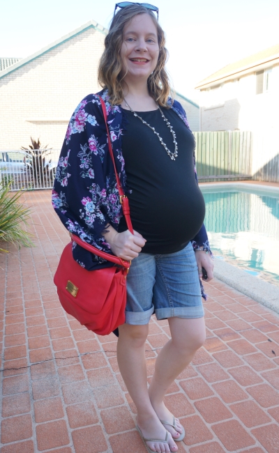 AwayFromBlue | Floral kimono jeanswest maternity singlet and shorts summer third trimester OOTD