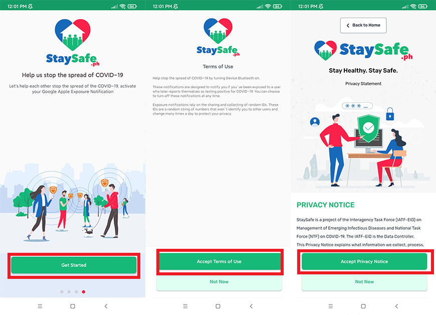 You will see these buttons after opening the StaySafe PH app. You must