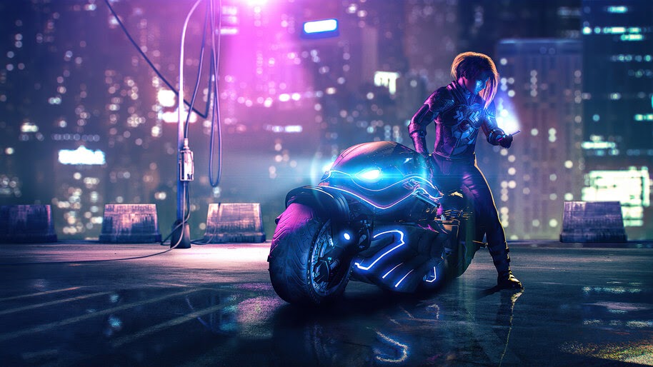 Cyberpunk, Girl, Motorcycle, 4K, #6.755 Wallpaper