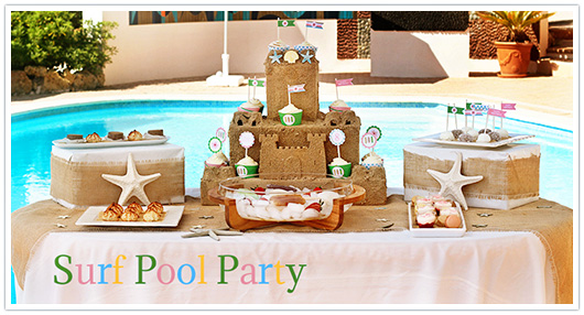 surf pool party dessert table