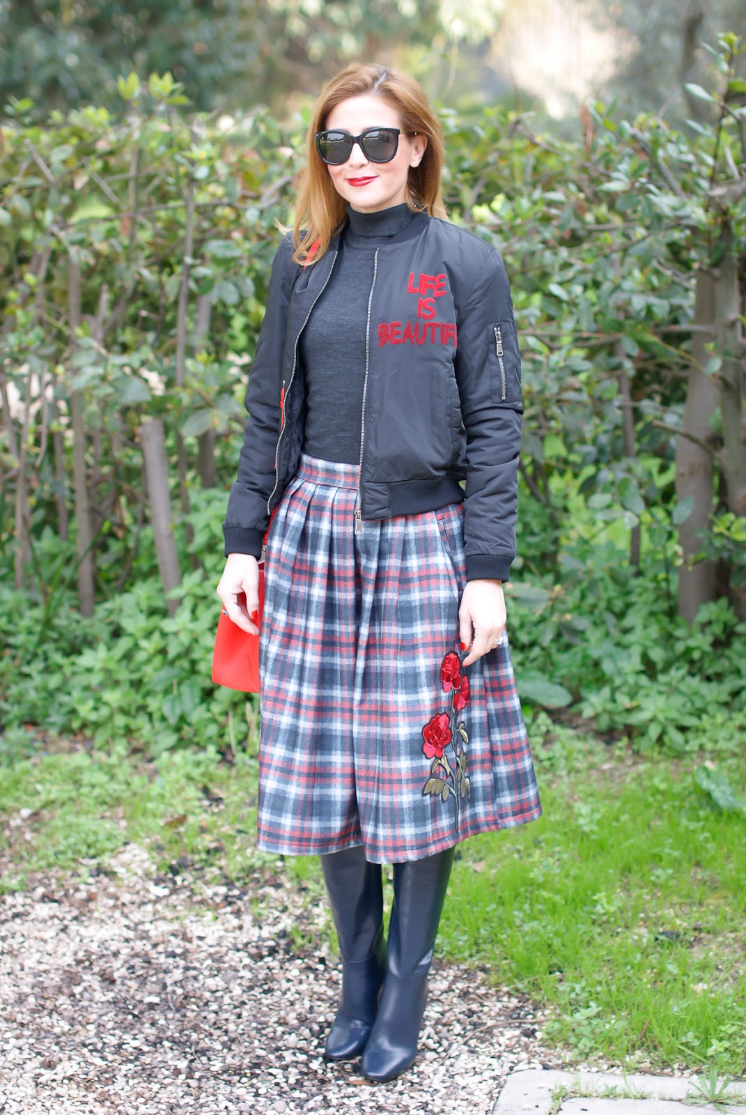 Checked embroidered skirt and bomber jacket on Fashion and Cookies fashion blog, fashion blogger style