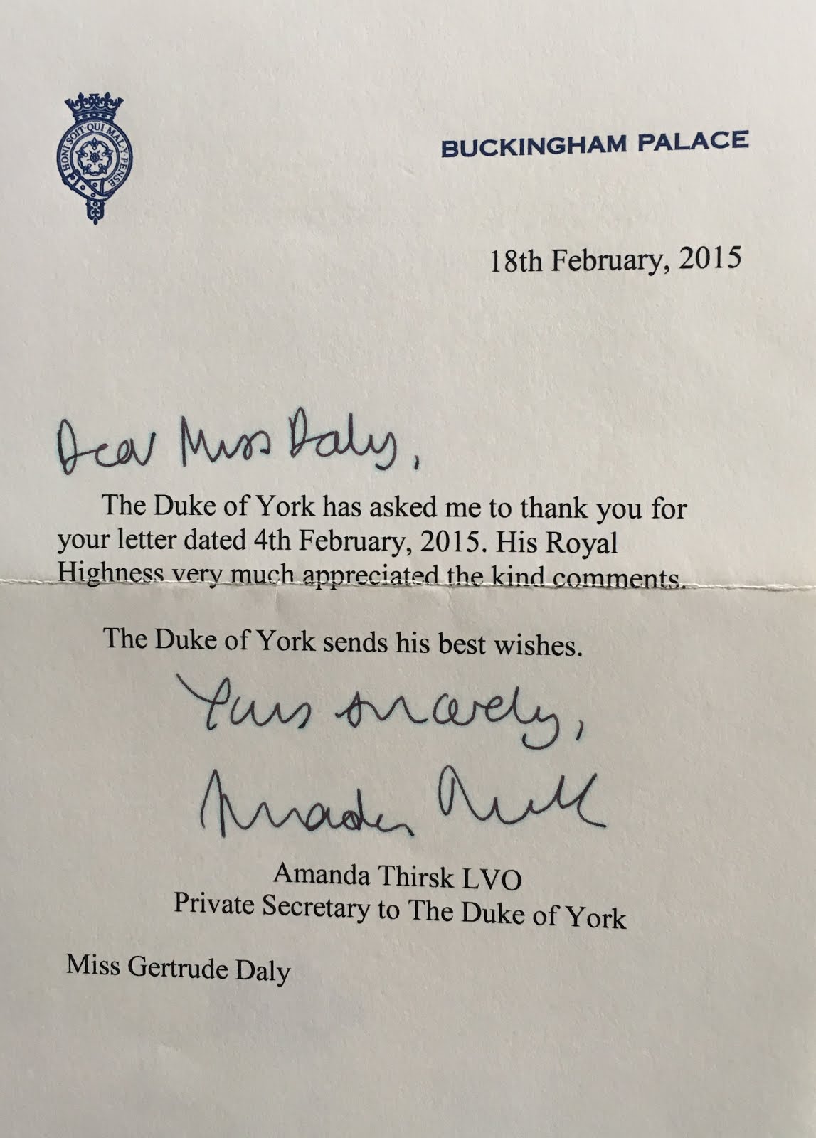 Gert's Royals: Response to Birthday Letter for Prince Andrew