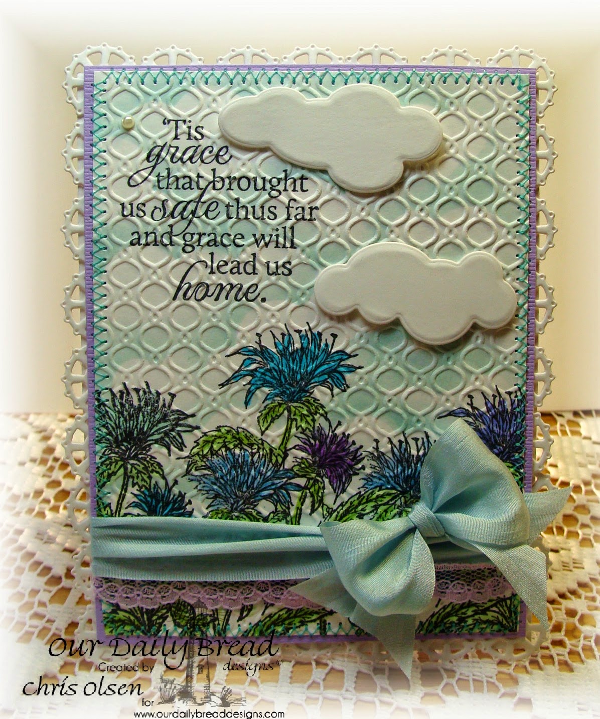 Our Daily Bread Designs, How Sweet the Sound, Bee Balm, Raindrops and Cloud Dies, Layered Lacey Squares, designed by Chris Olsen
