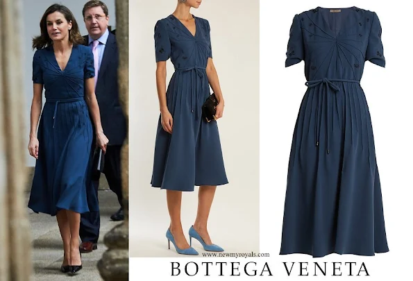 Queen Letizia wore a blue dress by Italian luxury brand Bottega Veneta
