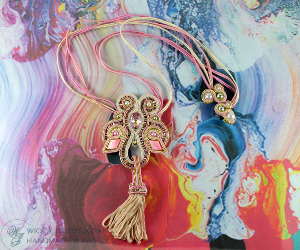 Handcraft jewelry. Stylish and luxury jewelry.  beautiful pink soutache necklace, swarovski, tassel