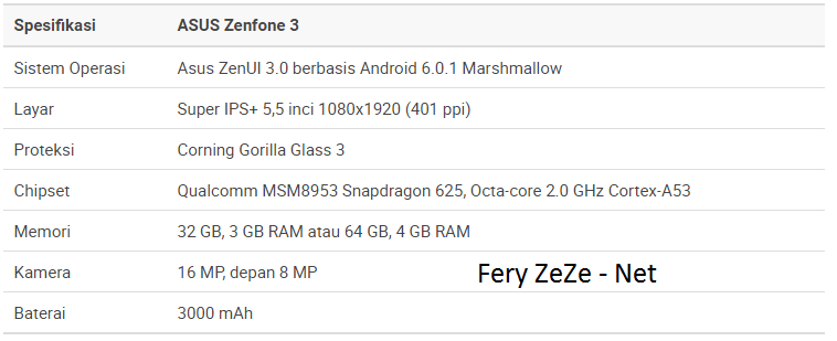 Spesifikasi ASUS Zenfone 3 Spesifikasi ASUS Zenfone 3