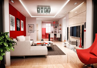 Diseño de sala blanco con rojo
