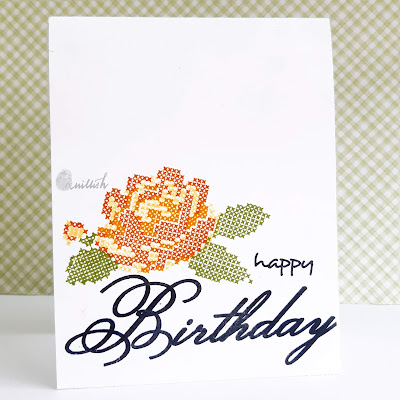 One layer card, CAS card, waffle flower, Craftangles, Birthday card, Card for her, quillish, cards by Ishani, waffle flower stitched rose stamp card, cross stitch stamp, cross stitch card, birthday card for girl friend, birthday card for mom, cross stitch lover