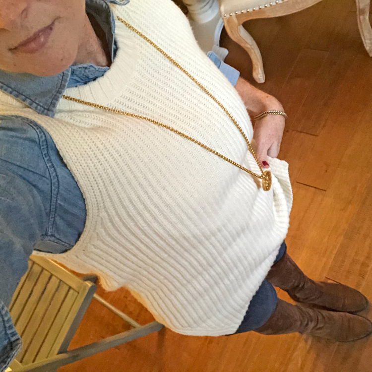 chambray shirt with sweater vest, skinny jeans and over the knee boots