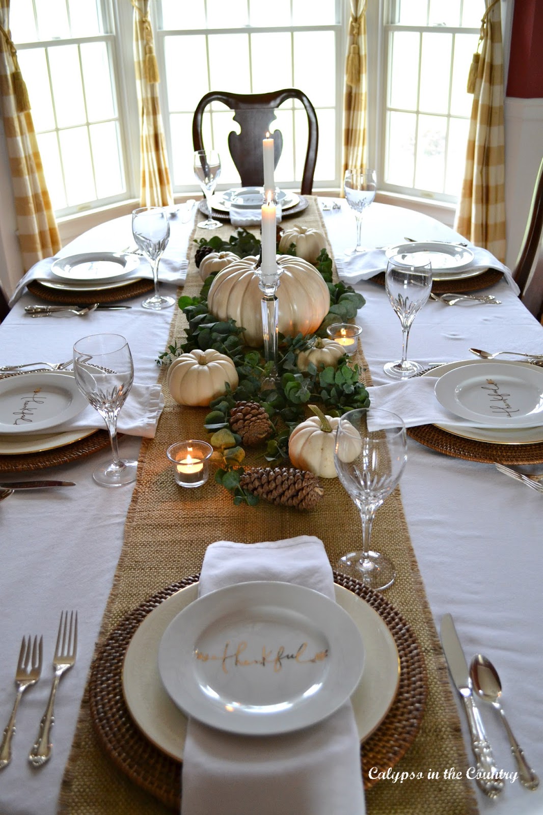 Burlap Runner and White Pumpkins for Thanksgiving Centerpiece Burlap Runner and White Pumpkins for Thanksgiving Centerpiece