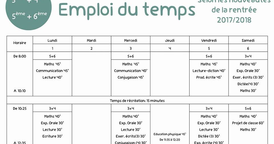 Emploi du temps pour 3ème+4ème/5ème+6ème