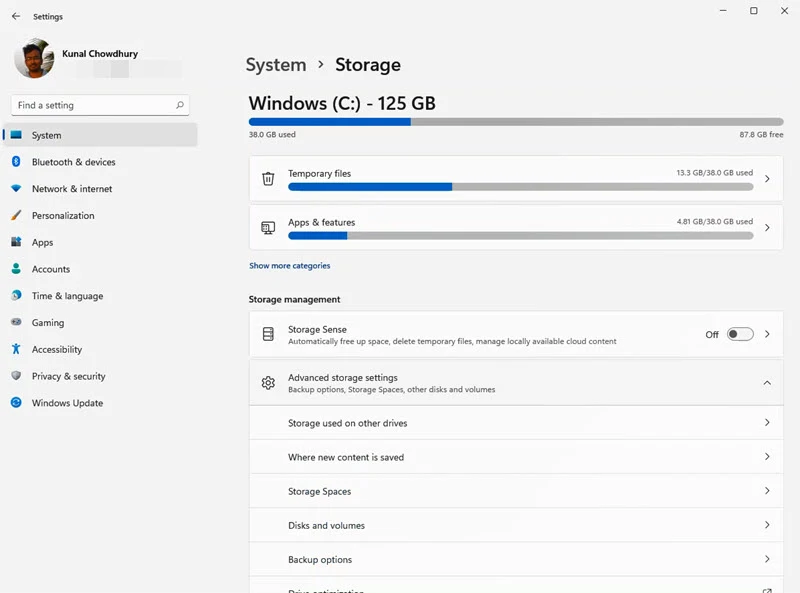 A quick look to Windows 11 Settings app - System - Storage