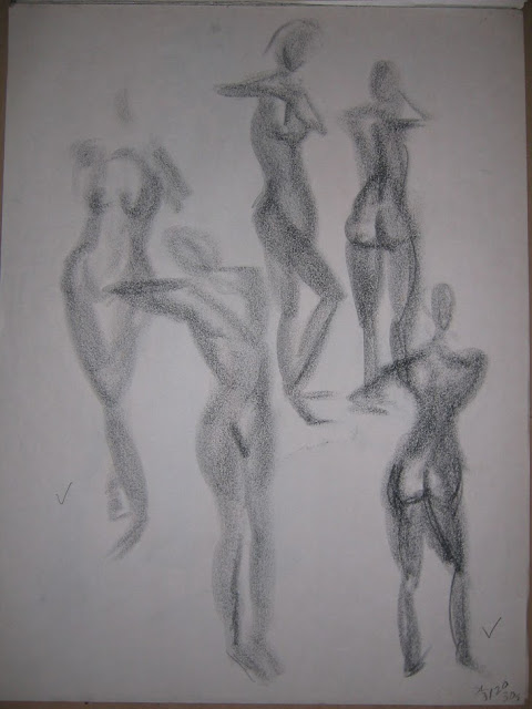 [Image is of a figure repeated several times on a piece of paper in different poses. Drawings are done quickly to capture the movement using charcoal. Bottom right is a check mark from the professor, the date 3/20/03, 30s, and initials SL.]