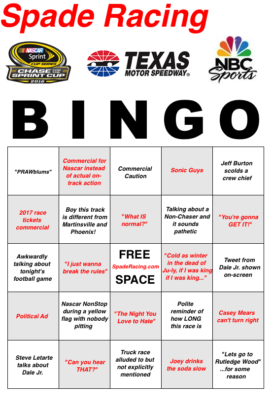 Spade Racing Texas BINGO