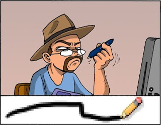 Image: Tom Preston, a digital cartoonist wearing a fedora, attempts to draw a line but comes out with a pixelated, scalonated squiggle. Caption: 