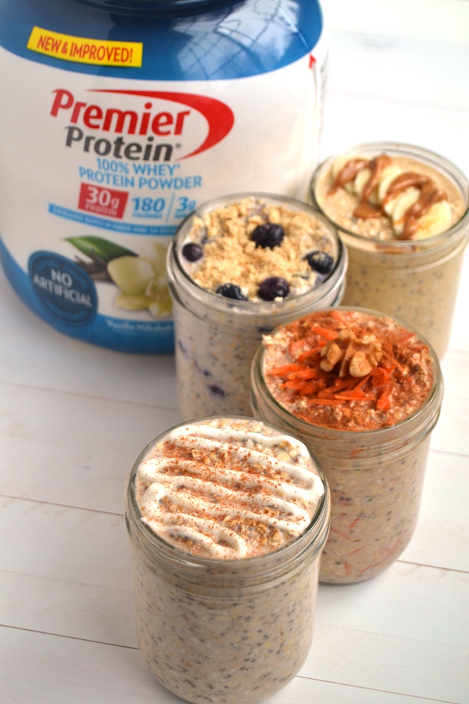 Easy Overnight Oats made 4 different ways! All indulgent sounding flavors but they are quite nutritious- Peanut Butter Banana, Blueberry Cheesecake, Cinnamon Roll and Carrot Cake Overnight Oats. www.nutritionistreviews.com