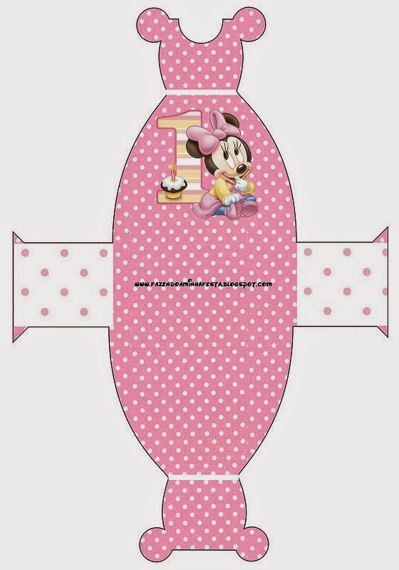 Minnie Primer Año con Lunares: Cajas para Imprimir Gratis. Este es para cajas con forma de vestido.