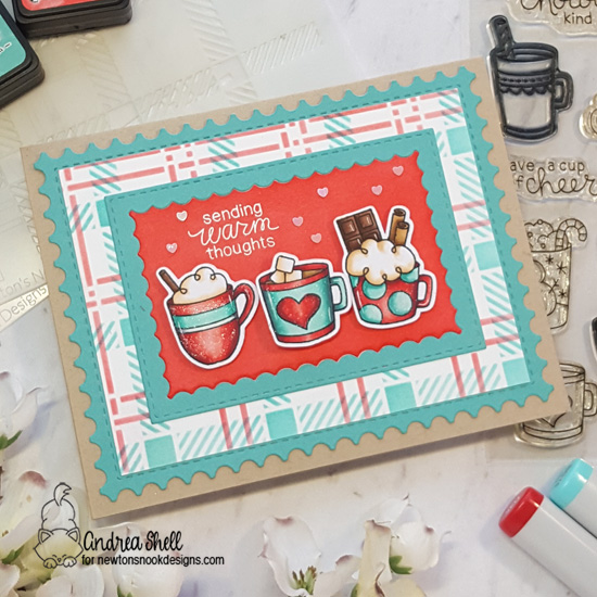 Warm Thoughts and Warm Mugs Card by Andrea Shell | Cup of Cocoa Stamp Set and Plaid Stencil Set by Newton's Nook Designs #newtonsnook #handmade