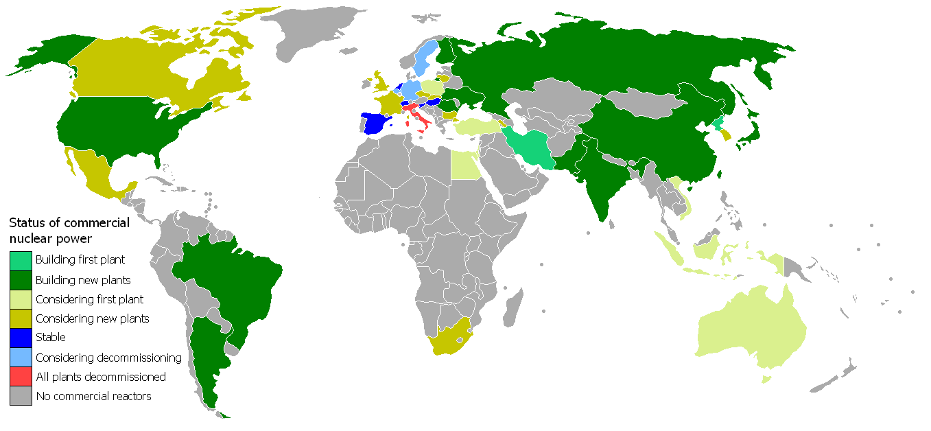 A map of countries with active commercial nuclear plants