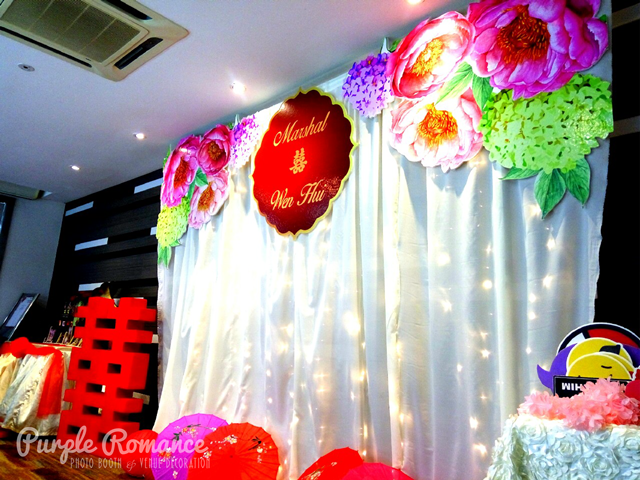 kuala lumpur, selangor, elegant, unique, special, photo booth malaysia, kl, pj, double happiness, love corner, stage backdrop, fairy lighting, logo, peonies, peony, umbrellas, walkway