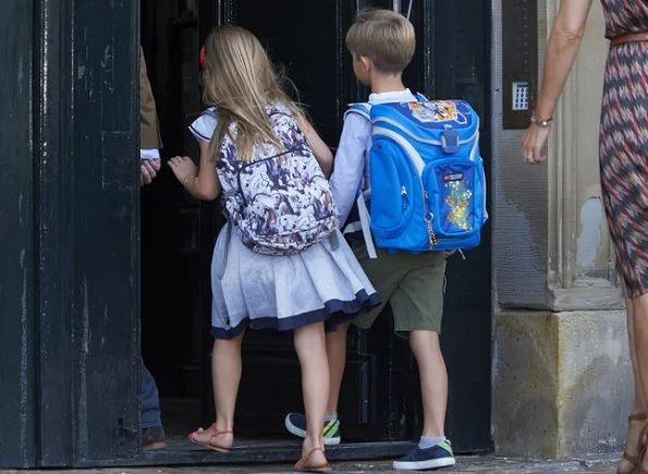 Crown Princess Mary's youngest children, Prince Vincent and Princess Josephine started Tranegård School. Mary wore dress