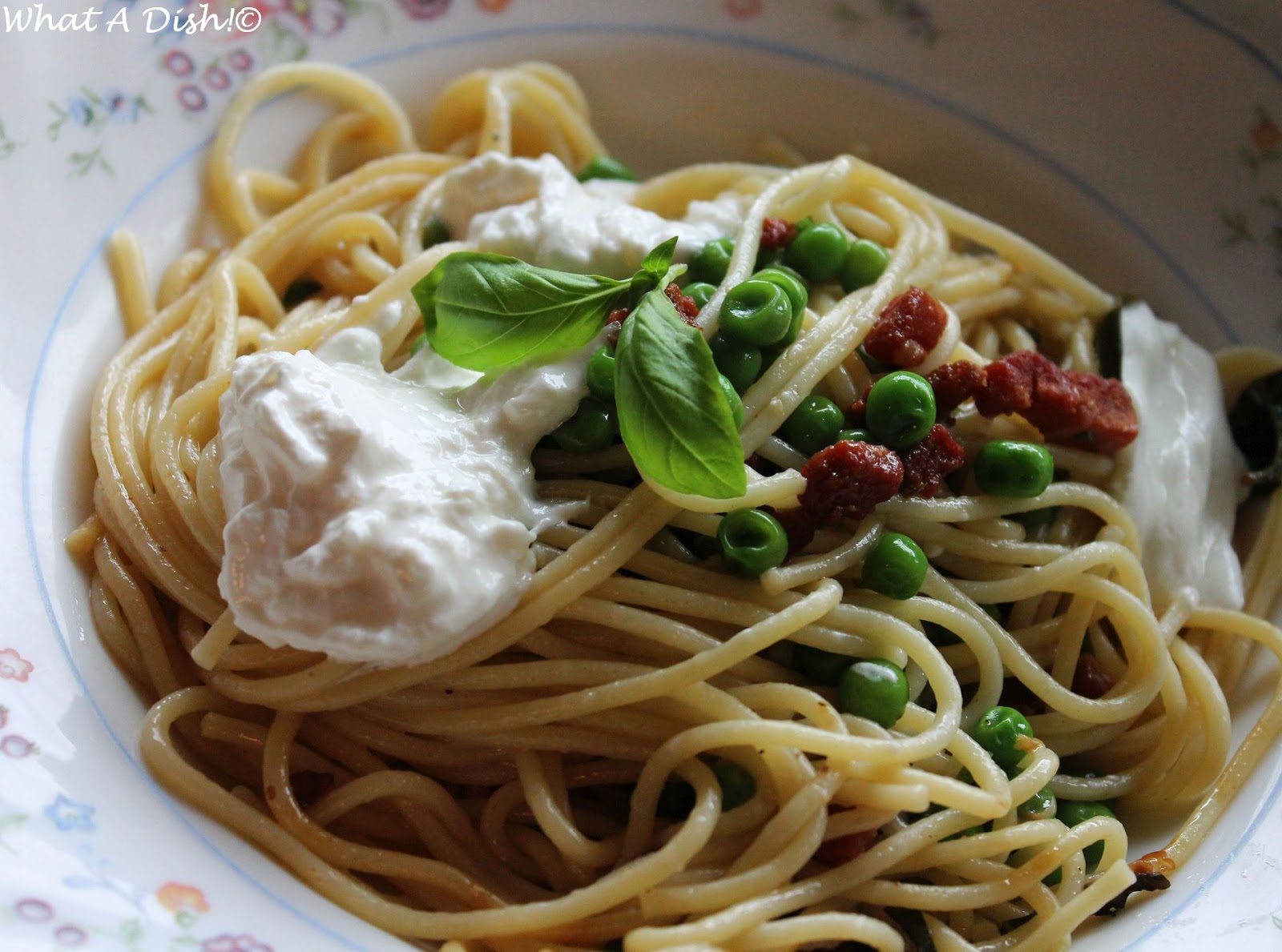 What A Dish! Spaghetti with Pancetta, Peas, and Burrata Cheese