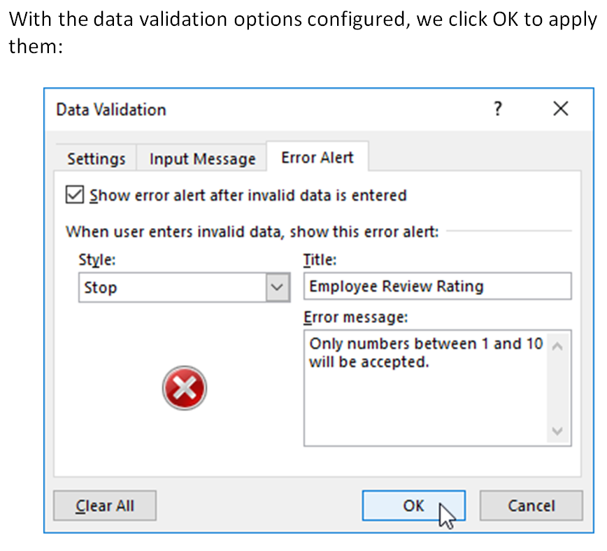 Input validation. Data validation. Alert Style. Restricted validation. Valid message