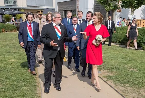 Hereditary Grand Duchess Stephanie visited the Esch. Princess Stephanie wore Paule Ka red dress, Prada pumps, gold earrings