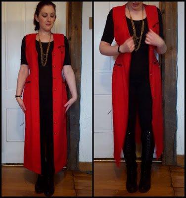 Refashion Co-op: Red dress now long, sleeveless jacket?