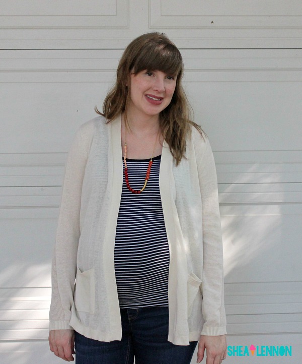 Late summer / early fall outfit idea - neutral cardigan, striped top, jeans, and colorful necklace | www.shealennon.com