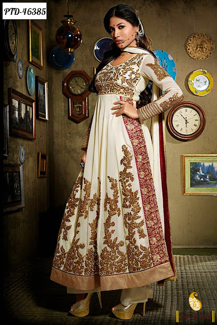 Off white color  georgette anarkali salwar suit online shopping with free shipping charges and pay COD in India for diwali and karva chauth festival