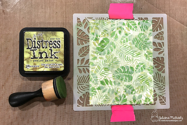 Rotated Stencil background tutorial using Distress Ink and Newton's Nook Designs Tropical Leaves Stencil by Juliana Michaels