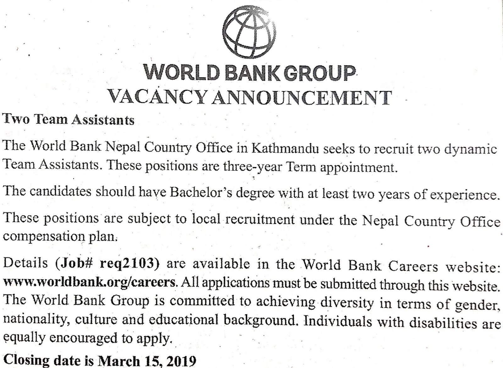 World Bank Group Vacancy Notice for Team Assistant.