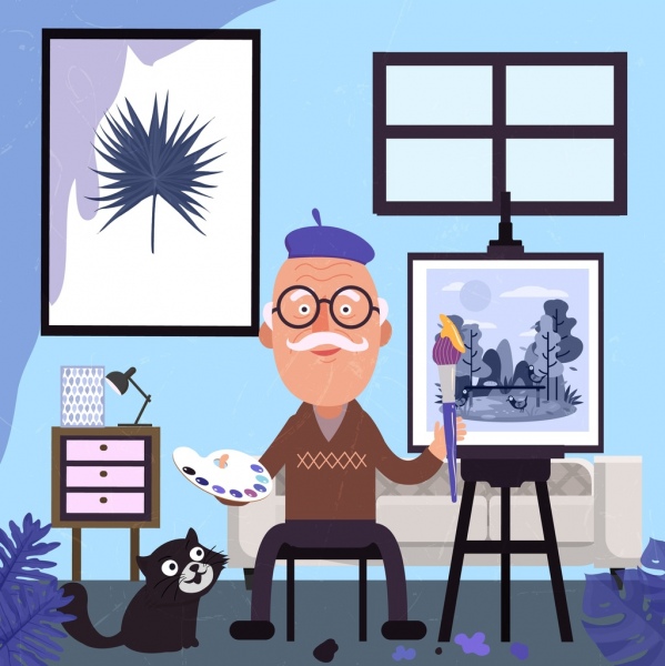Artist work drawing old painter icon colored cartoon Free vector