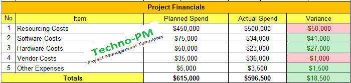 project financials, report format