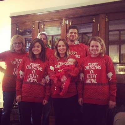Lucy Hale and family wearing red "Merry Christmas Ya Filthy Animal" 'Home Alone' ugly sweaters
