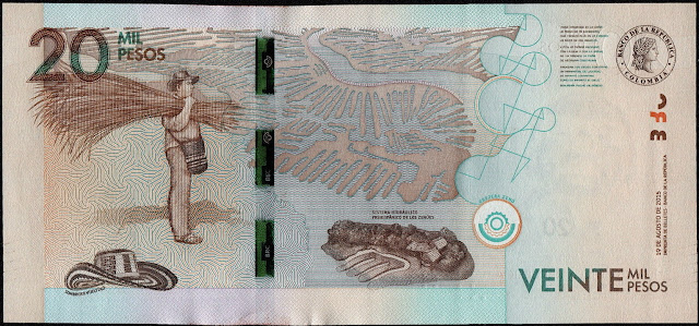 Colombian money currency 20000 Pesos banknote 2016 Sombrero Vueltiao
