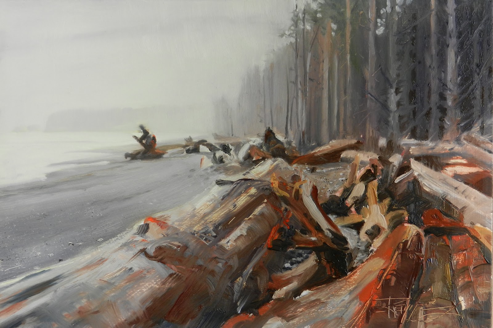 in plein air "Driftwood at Rialto Beach" La Push seascape, oil