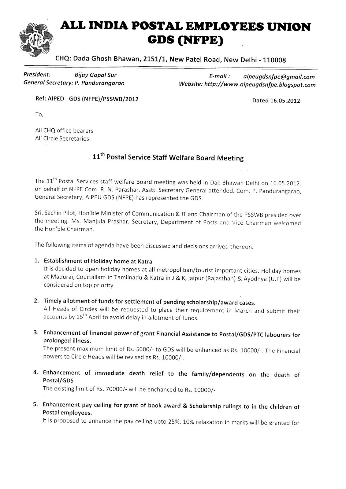 ALL INDIA POSTAL EMPLOYEES UNION - GDS (NFPE): 11th Postal Service ...