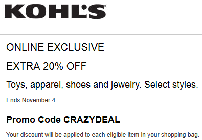 Kohls coupon 20% off toys, apparel, shoes, jewelry