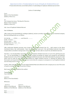 letter of undertaking for issue of duplicate dividend warrant