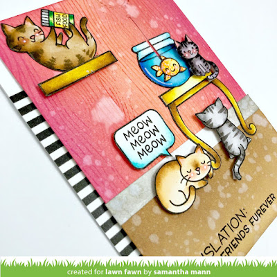 Kitty Translation Friendship Card by Samantha Mann for Lawn Fawn, Interactive, cards, card making, distress inks, ink blending #lawnfawn #interactive #slider #pulltab #cards #distressinks #inkblending